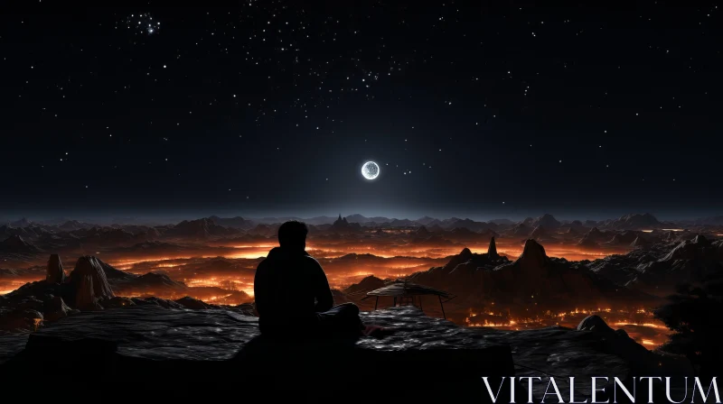 Meditative Moonrise Over Mountains in a Sci-Fi Landscape AI Image