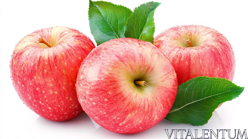 Three Red Apples with Green Leaves AI Image