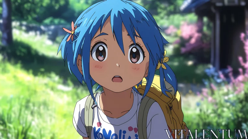 Blue-Haired Anime Character Outdoors AI Image