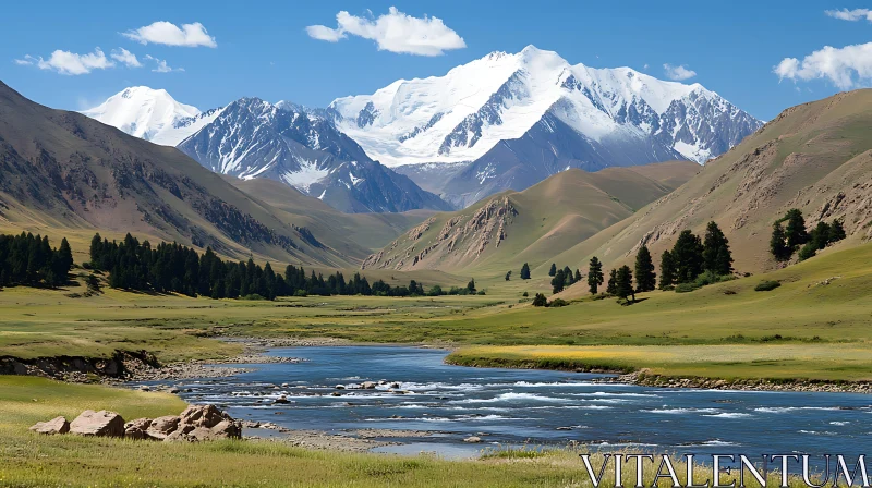 Serene Mountain River Scene AI Image