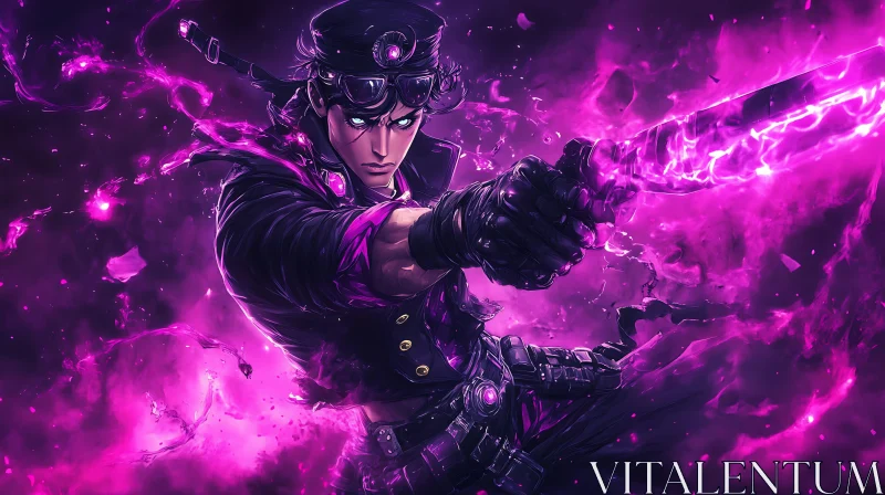 Fierce Anime Swordsman with Radiant Purple Blade AI Image