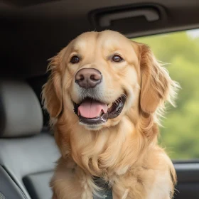 Happy Golden Retriever in a Car