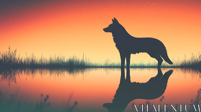 Sunset Dog Silhouette Reflecting in Water AI Image