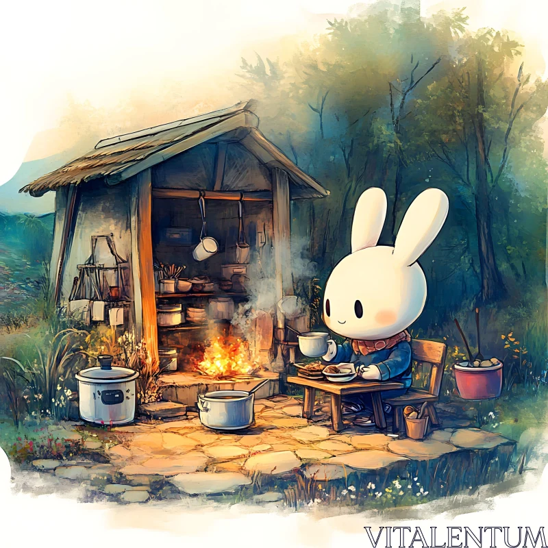 Cartoon Rabbit Chef by the Fire AI Image