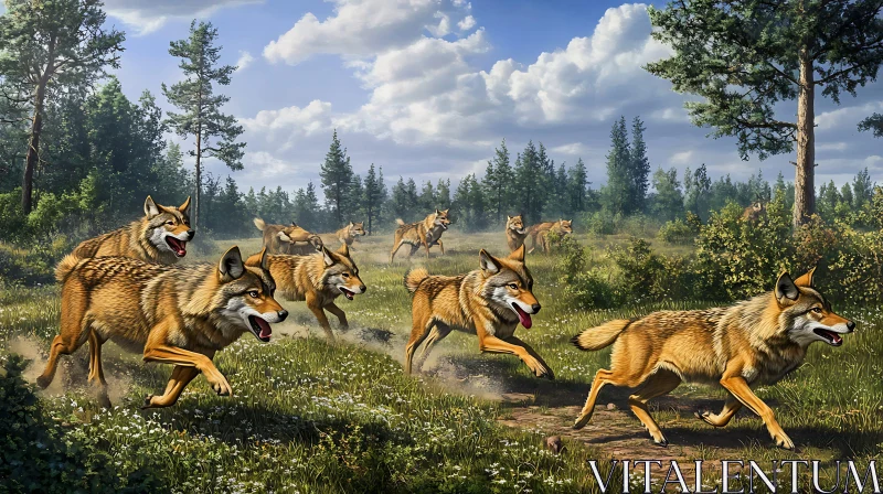 Running Wolves Pack in Forest Glade AI Image