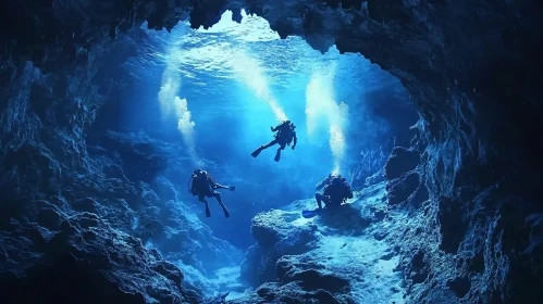 Deep Sea Divers in Cave