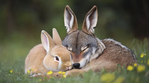 Coyote and Rabbit in Peaceful Embrace