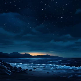 Night Seascape with Stars and Waves