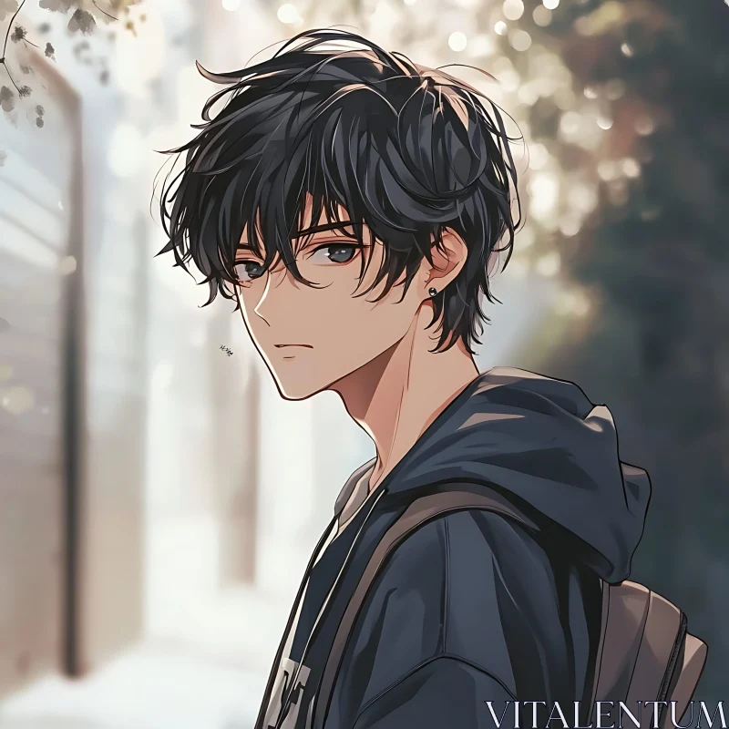 AI ART Pensive Anime Boy with Dark Hoodie and Backpack