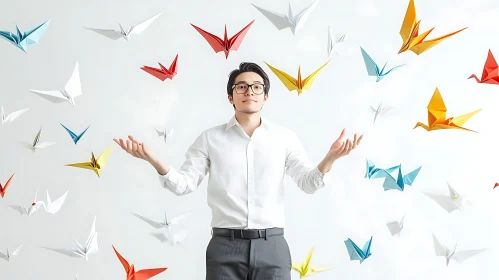 Man and origami cranes