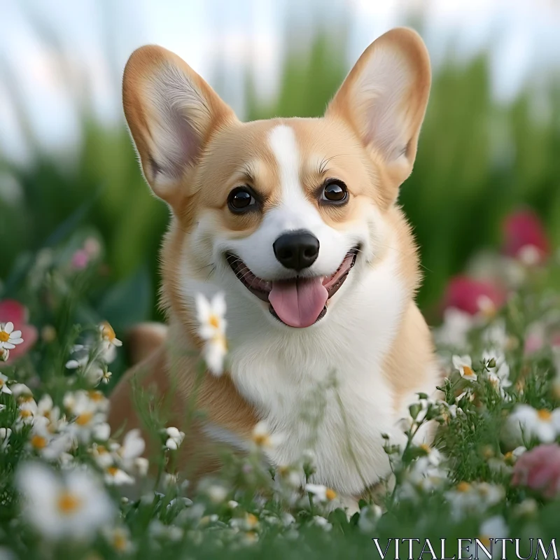 Smiling Corgi in Floral Meadow AI Image