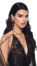 Digital Artwork of Kendall Jenner in Black Dress