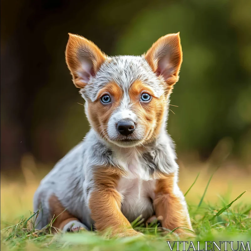 Cute Puppy with Blue Eyes on Grass AI Image