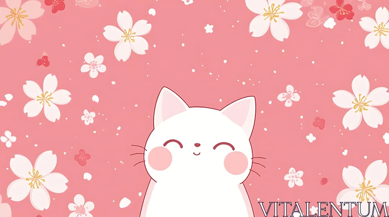 Cute Cat and Cherry Blossom Illustration AI Image