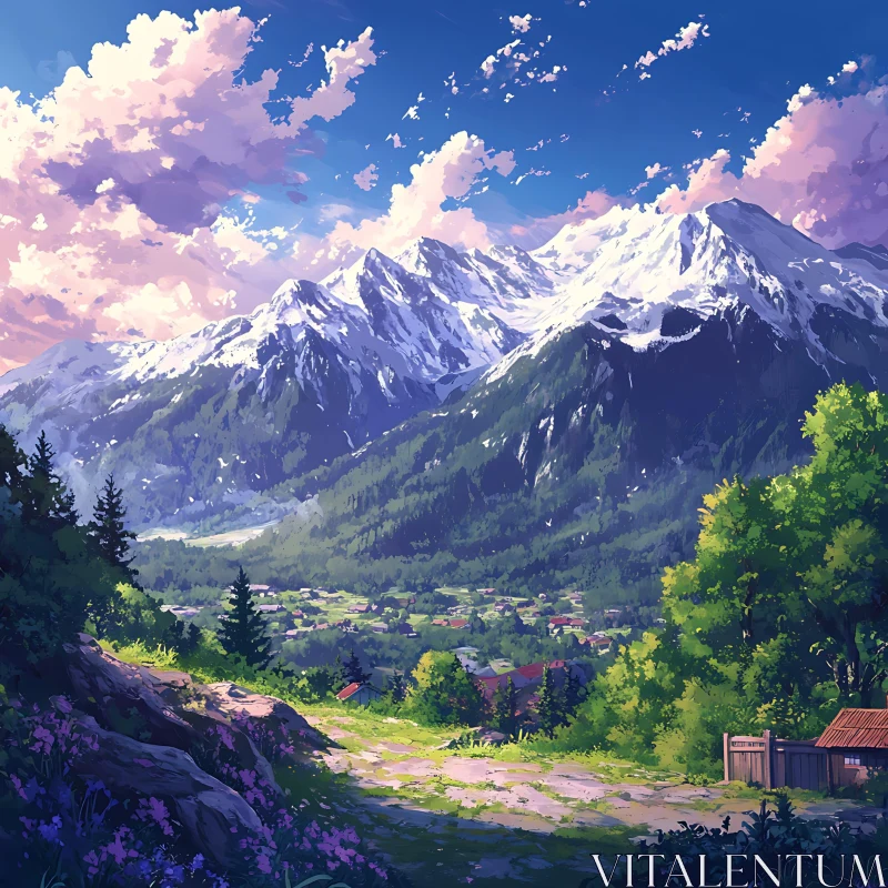 Snowy Peaks and Verdant Valley View AI Image