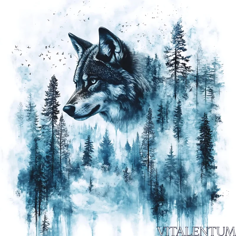 Mystical Wolf in Forest Landscape AI Image