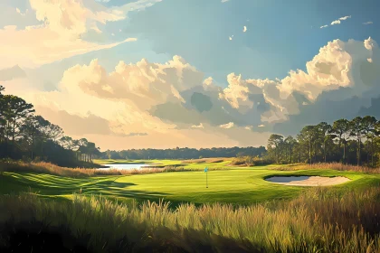 Serene Golf Course Landscape at Sunset , AI