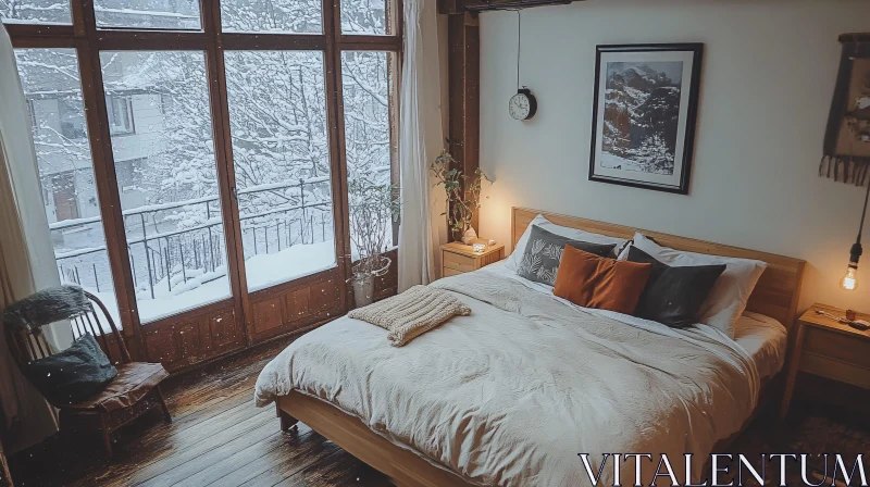 AI ART Charming Bedroom Overlooking Snowy Landscape