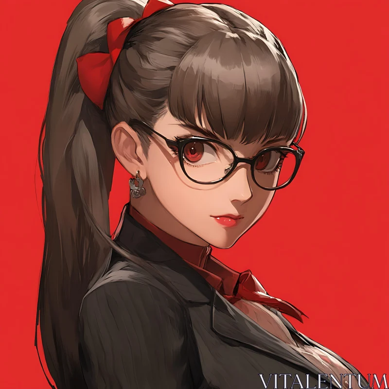 Anime Character with Glasses and Red Ribbon AI Image