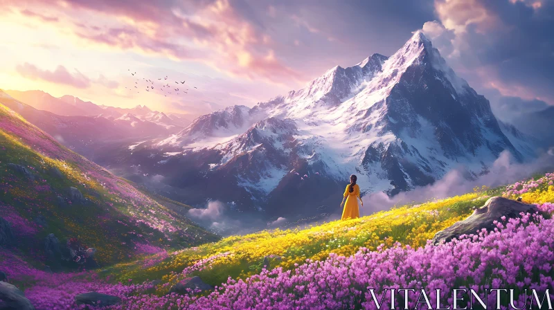 Woman in Field of Flowers, Mountain Backdrop AI Image