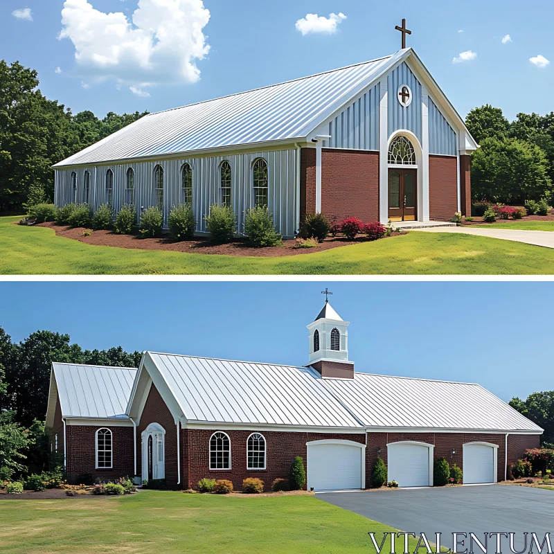 Modern Church Architecture with Bell Tower and Arched Windows AI Image