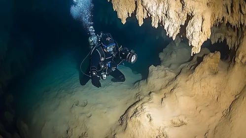 Scuba Diver in Underwater Cave System