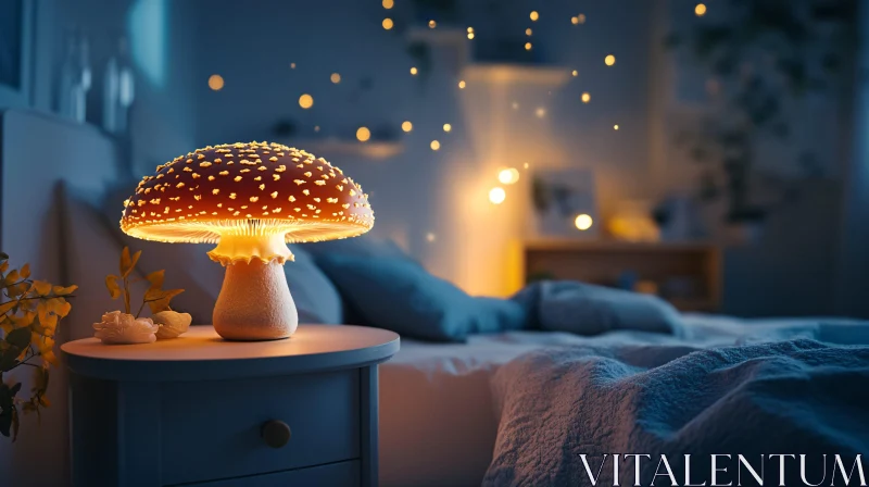 Mushroom Lamp Illuminates Cozy Bedroom AI Image