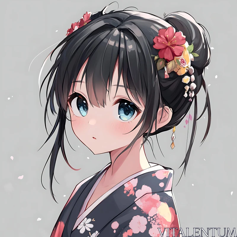 Elegant Anime Portrait with Floral Adorned Kimono AI Image