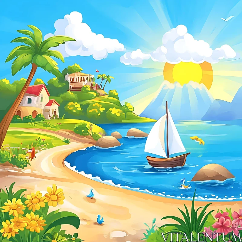 Cartoon Island with Sailboat AI Image