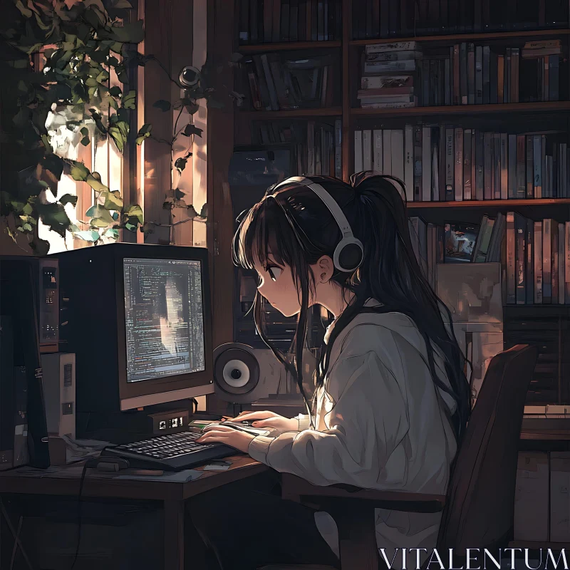 Focused Anime Girl at Computer AI Image