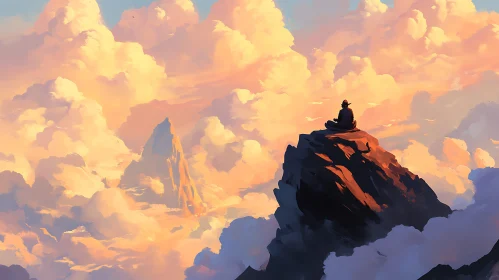 Meditative Moment Mountain Peak Sunset Clouds