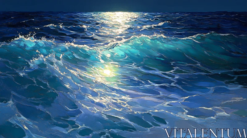 Moonlight on Ocean Waves Painting AI Image