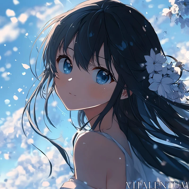 Anime Artwork Featuring a Blue-Eyed Girl with Flowers AI Image