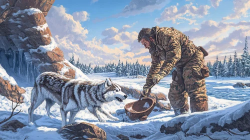 A Snowy Encounter: Man Giving Water to Wolf