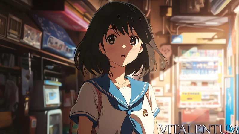 Nostalgic Anime Scene with Black-Haired Schoolgirl AI Image