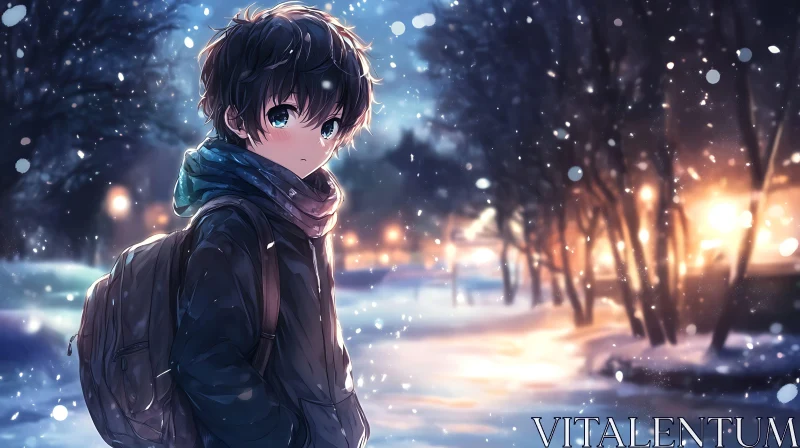 Serene Winter Night Anime Scene of a Boy AI Image