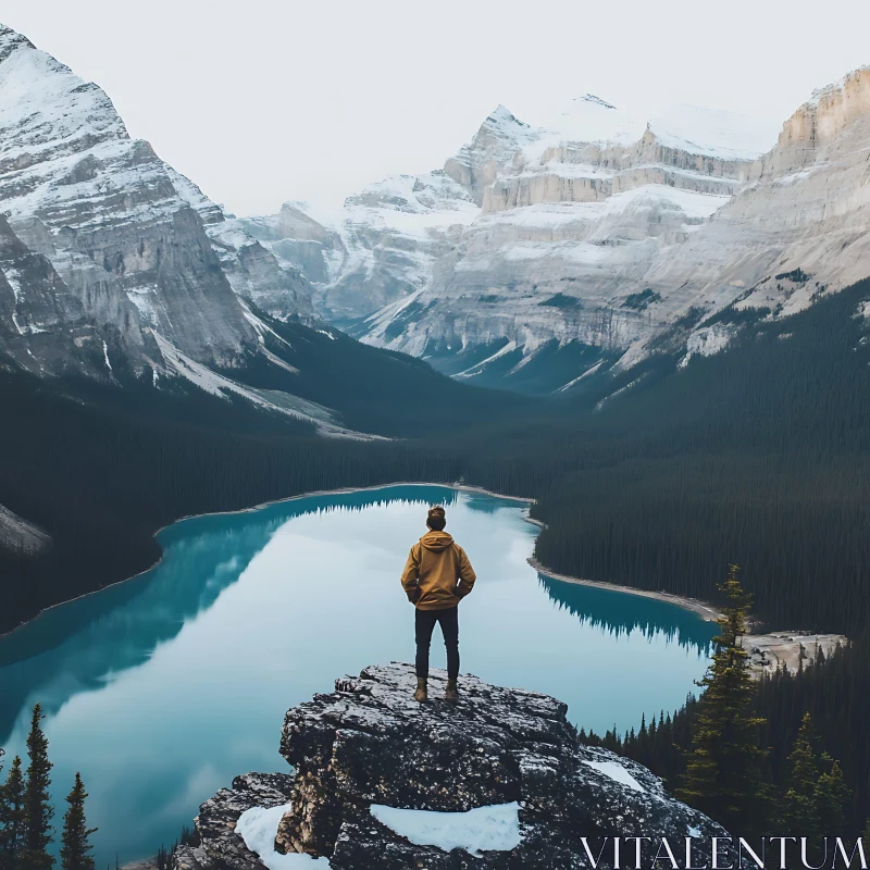 Person Gazing at Mountain Lake Landscape AI Image