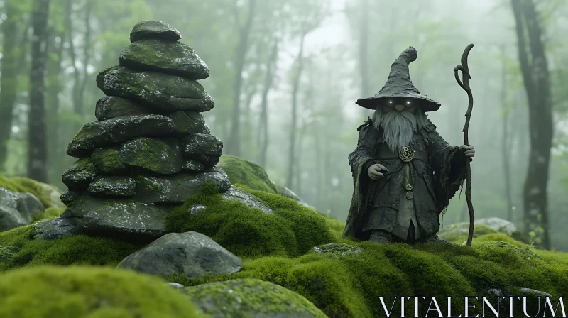 Mystical Forest Wizard and Mossy Stones AI Image