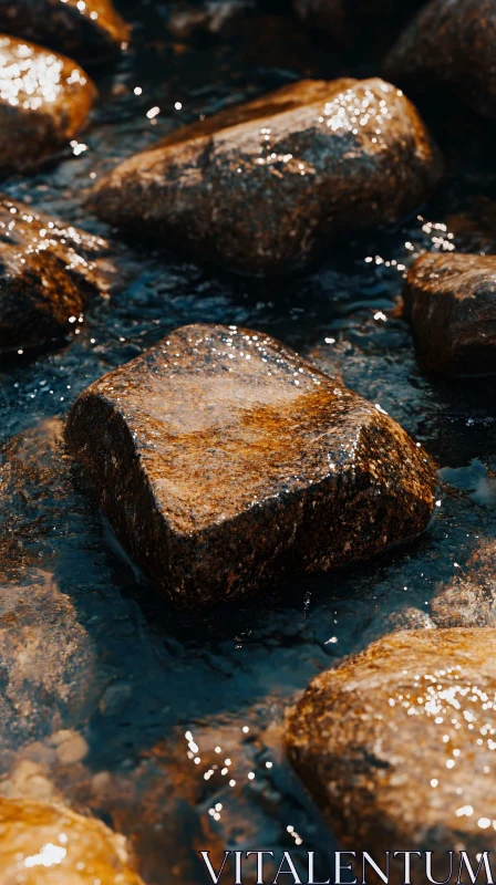 Tranquil Scene of River Rocks AI Image