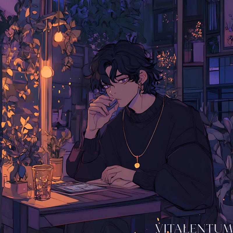 Anime Night Cafe Atmosphere with Pensive Character AI Image