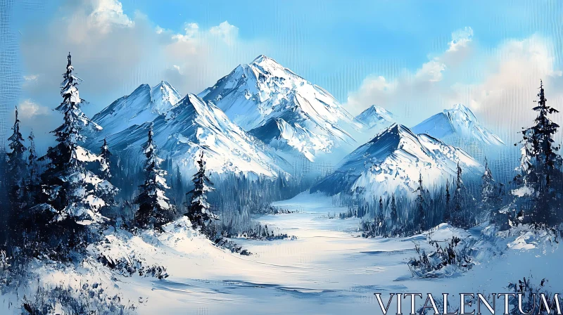 AI ART Winter Mountain Scene with Snow and Trees