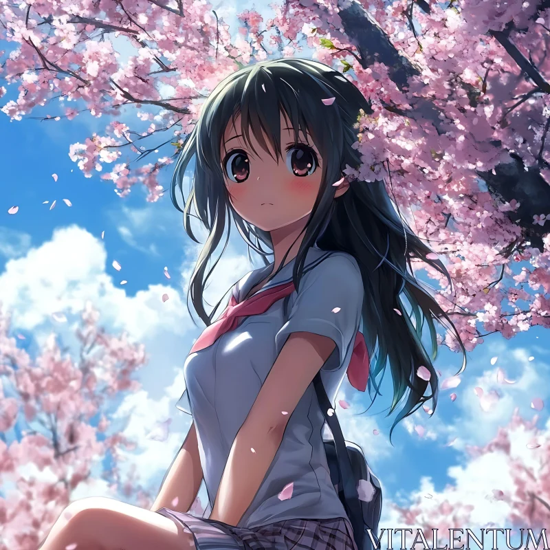 Spring Scene with Anime Girl and Cherry Blossoms AI Image