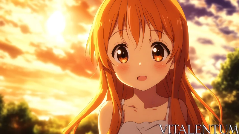 Beautiful Anime Girl in Sunset Scenery AI Image