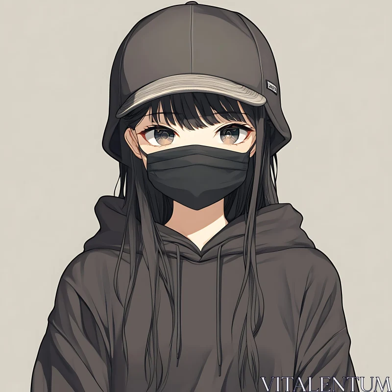 AI ART Dark Themed Anime Girl with Black Hair and Mask