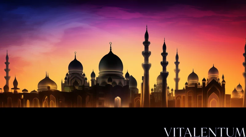 Colorful Mosque Silhouette Against Sunset Cityscape AI Image