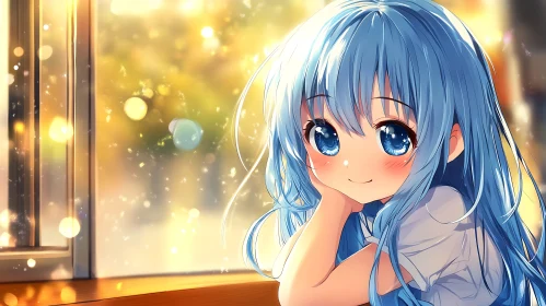 Sunlit Blue-Haired Anime Girl