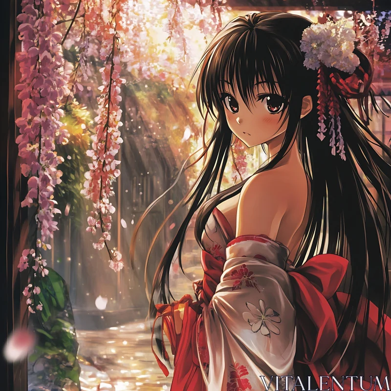 Elegant Anime Girl in Floral Kimono with Cherry Blossoms AI Image