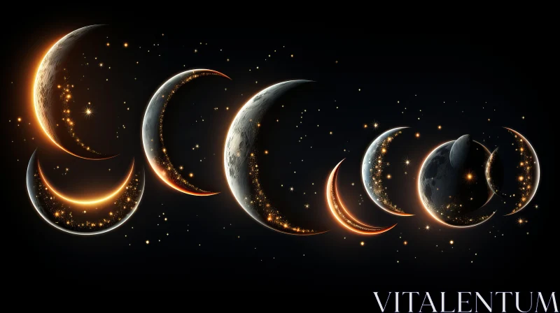 Golden Moon Phases in Dreamlike Space Illustration AI Image