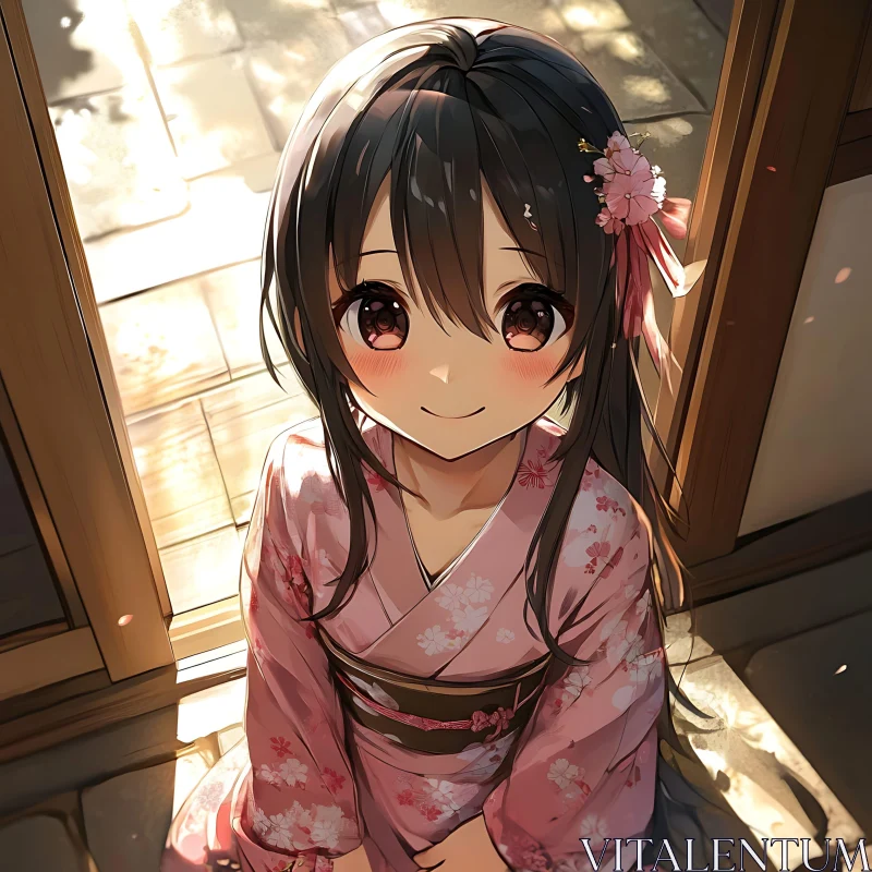 Anime Girl in Pink Kimono Sitting in Sunlight AI Image