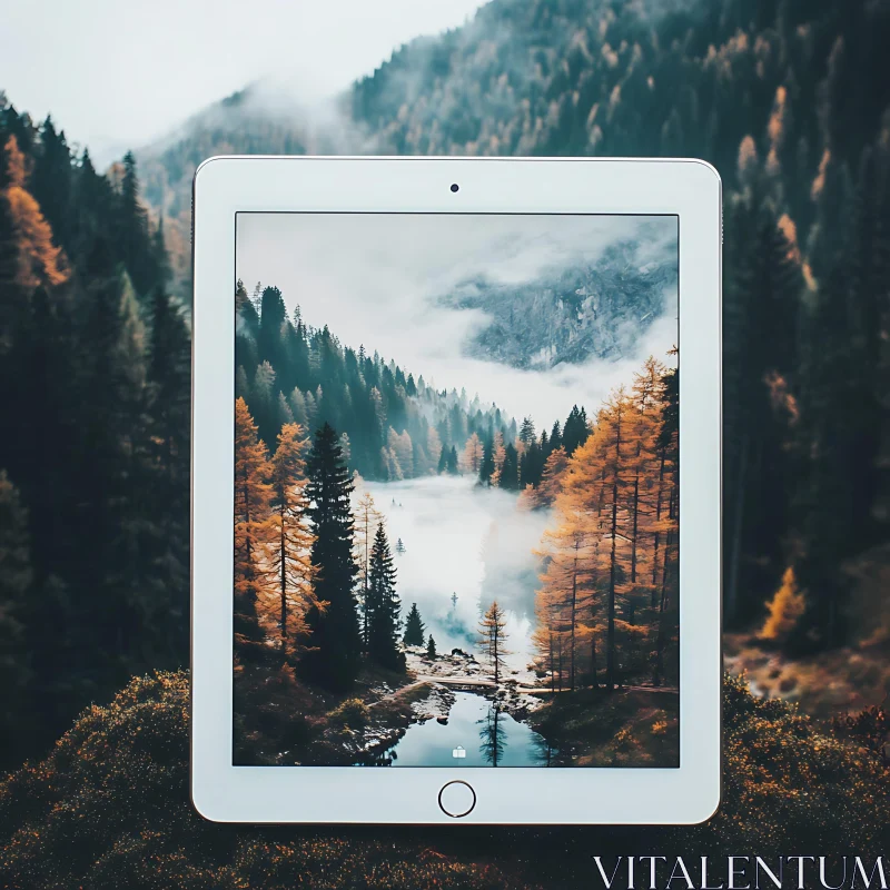 Misty Forest Landscape on Tablet Screen AI Image